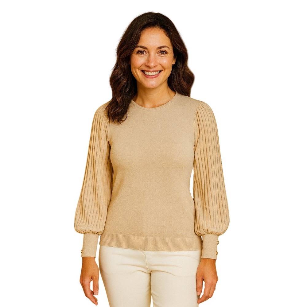 Nanette Lepore Womens XL Champagne Gold Metallic Pleated Balloon Sleeve Sweater